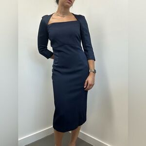 Kimora Lee Simmons Navy Blue Square Neck Midi Pencil Dress 3/4 Sleeves Size 8